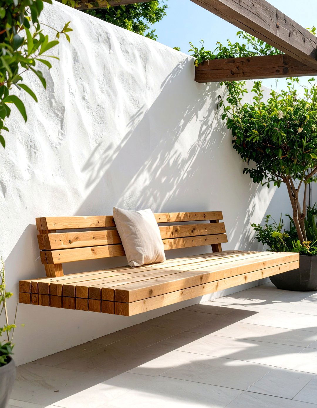 A Floating Wooden Bench - 30 small patio furniture ideas