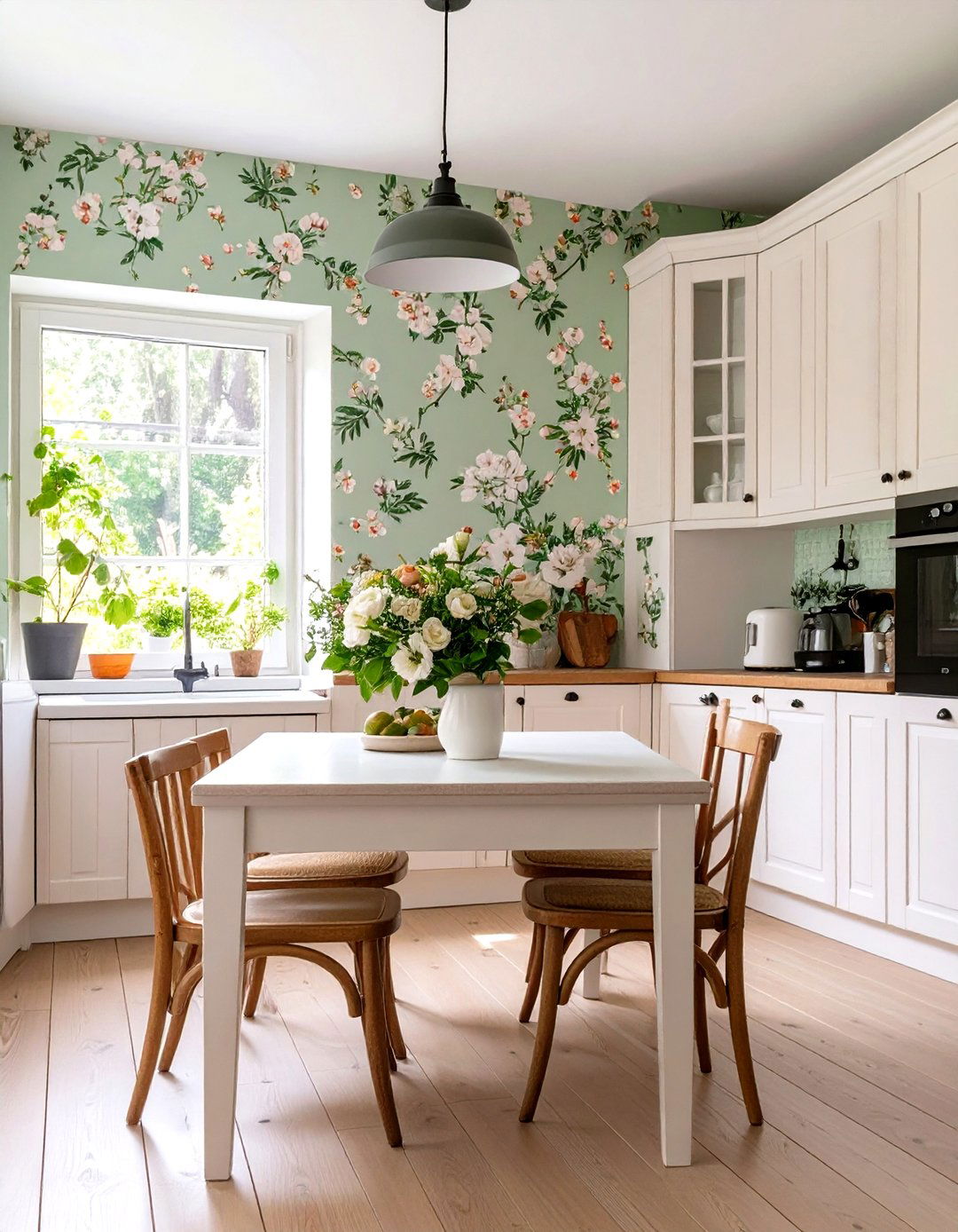 A Floral Wallpaper Accent Wall in a Small Country Kitchen - 30 small country kitchen ideas