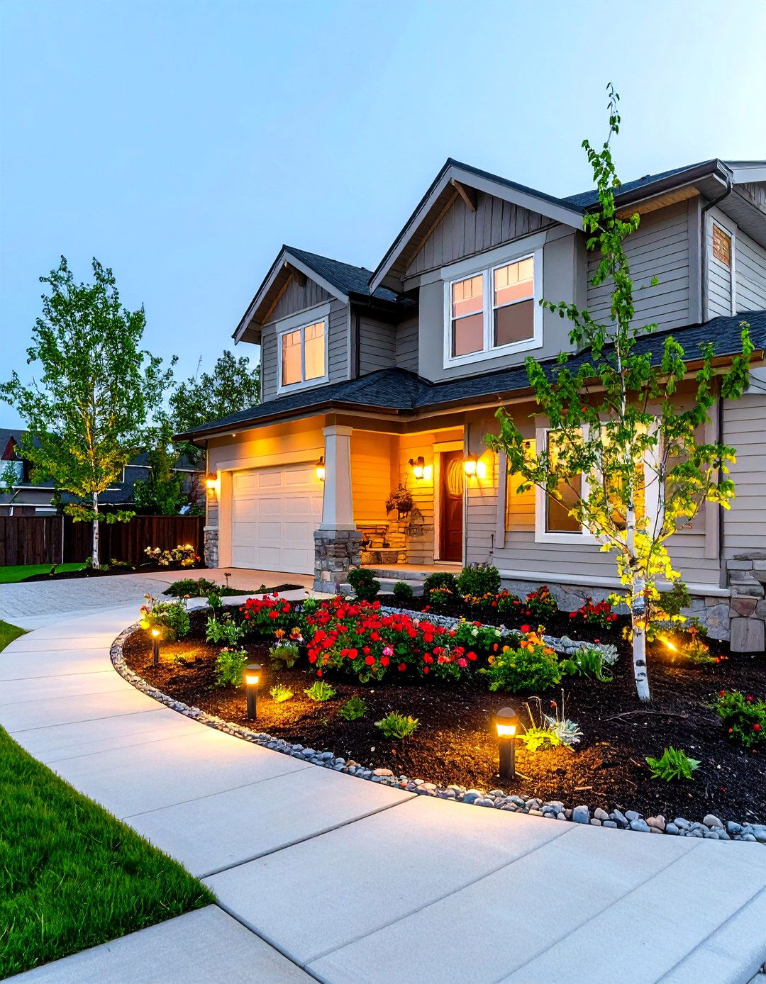 A Flower Bed with Integrated Lighting - 30 front yard flower bed ideas