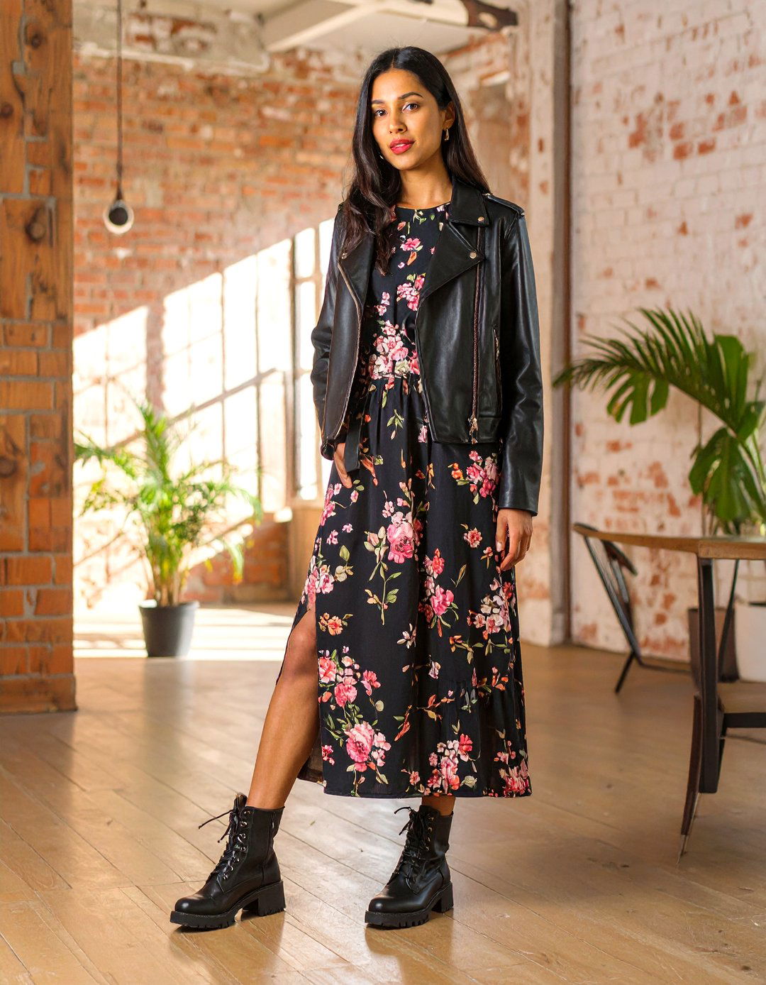 A Flowy Maxi Dress with a Moto Jacket - 30 baby shower outfit ideas guest winter