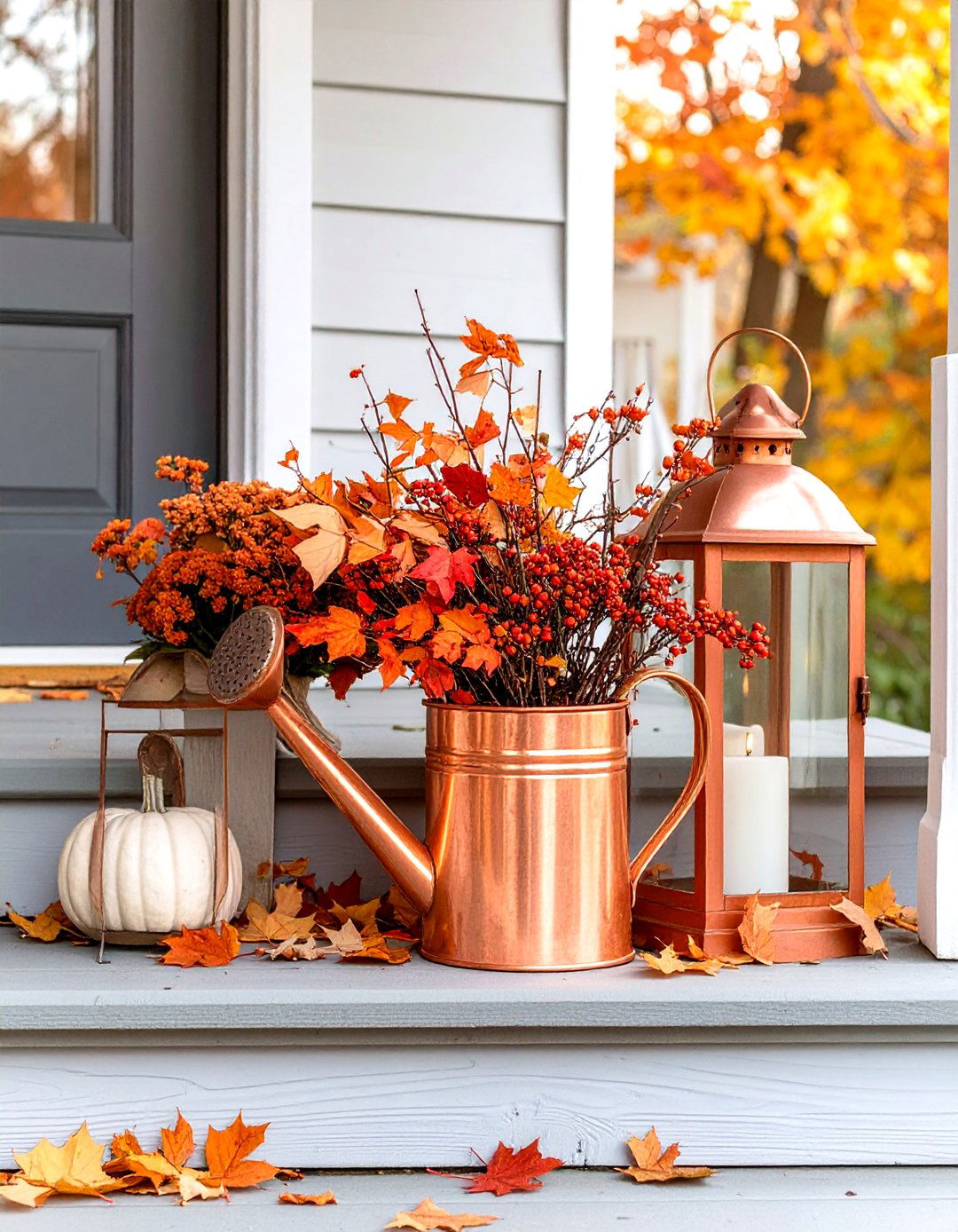 A Focus on Copper Accents - 30 small front porch fall decorating ideas