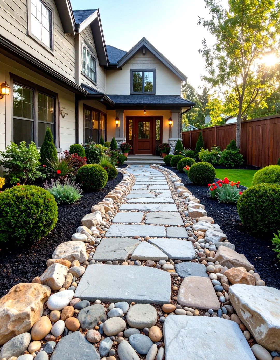 A Formal Symmetrical Rock Design - 30 front yard landscaping ideas with rocks no grass