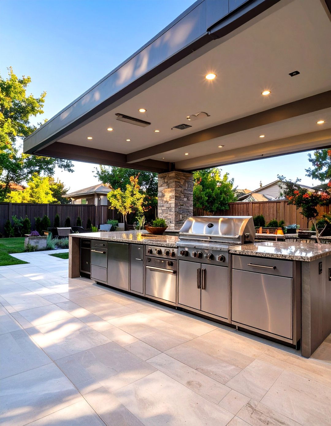 A Freestanding Outdoor Kitchen with a Solid Roof - 30 backyard shade ideas