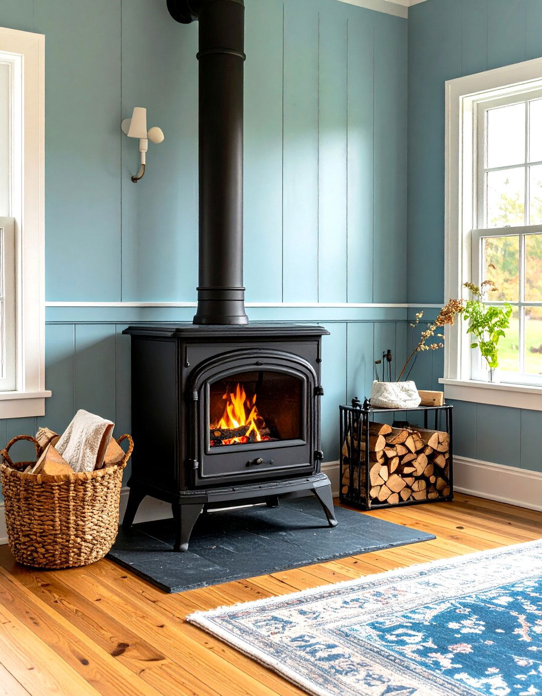 A Freestanding Stove in the Living Room Corner - 30 living room corner fireplace ideas