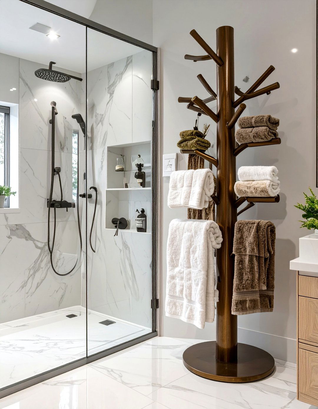 A Freestanding Towel Tree - 30 bathroom towel hanging ideas