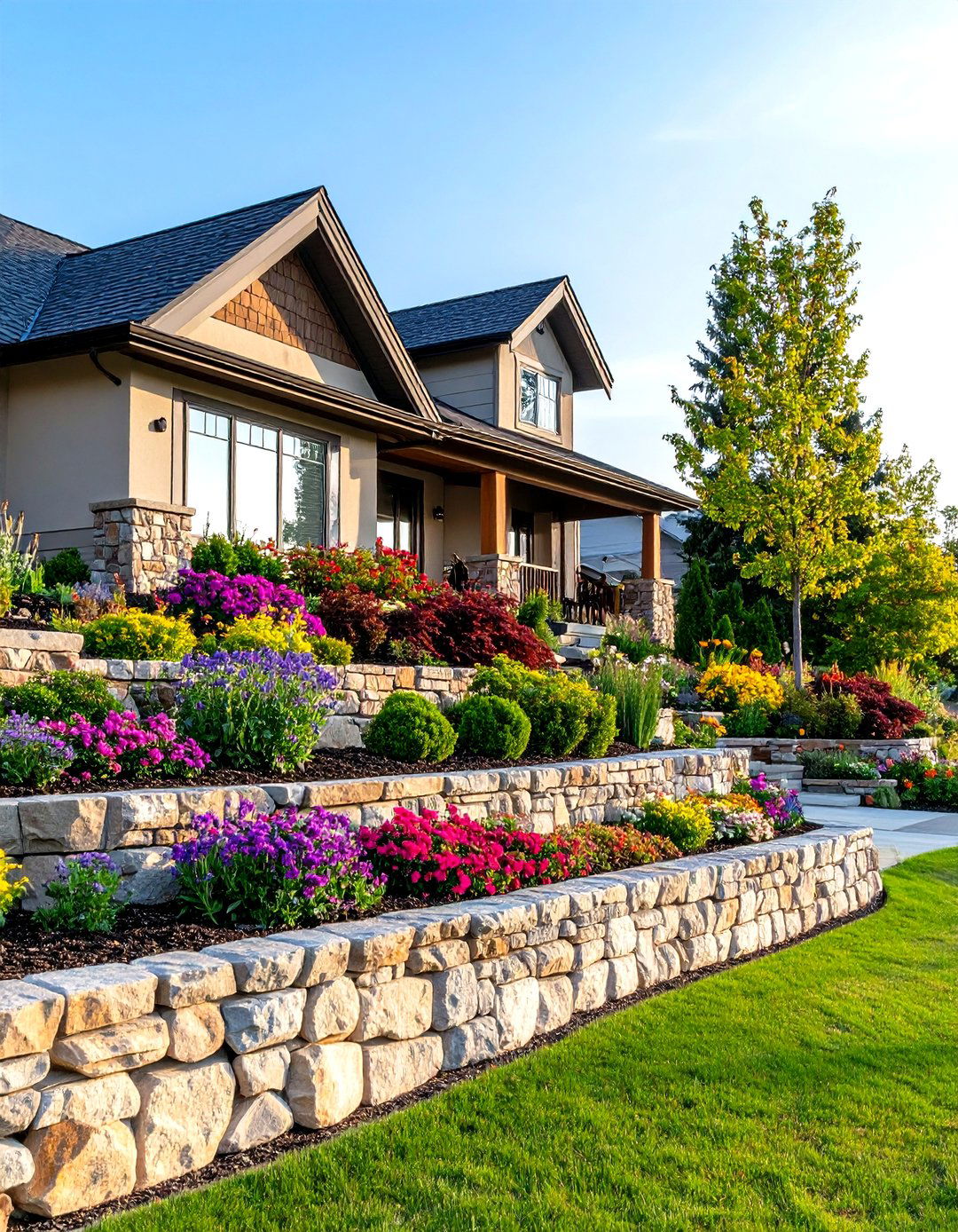 A Front Yard with Tiered Retaining Walls - 30 landscaping ideas for front yard