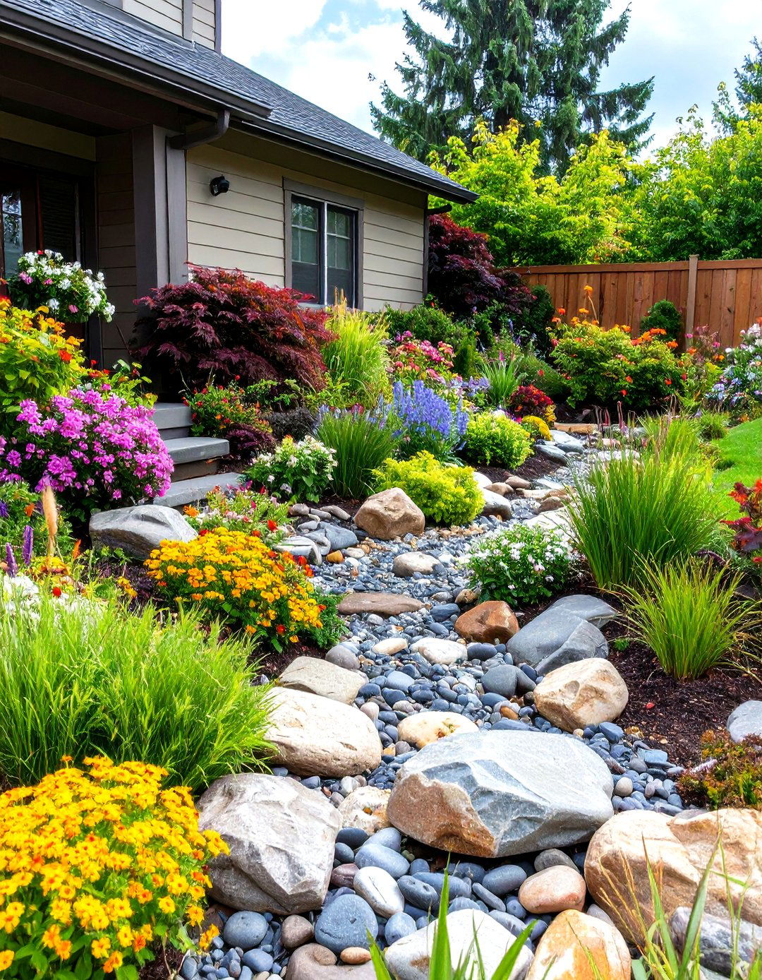 A Front Yard with a Dry Creek Bed - 30 landscape ideas for front of house