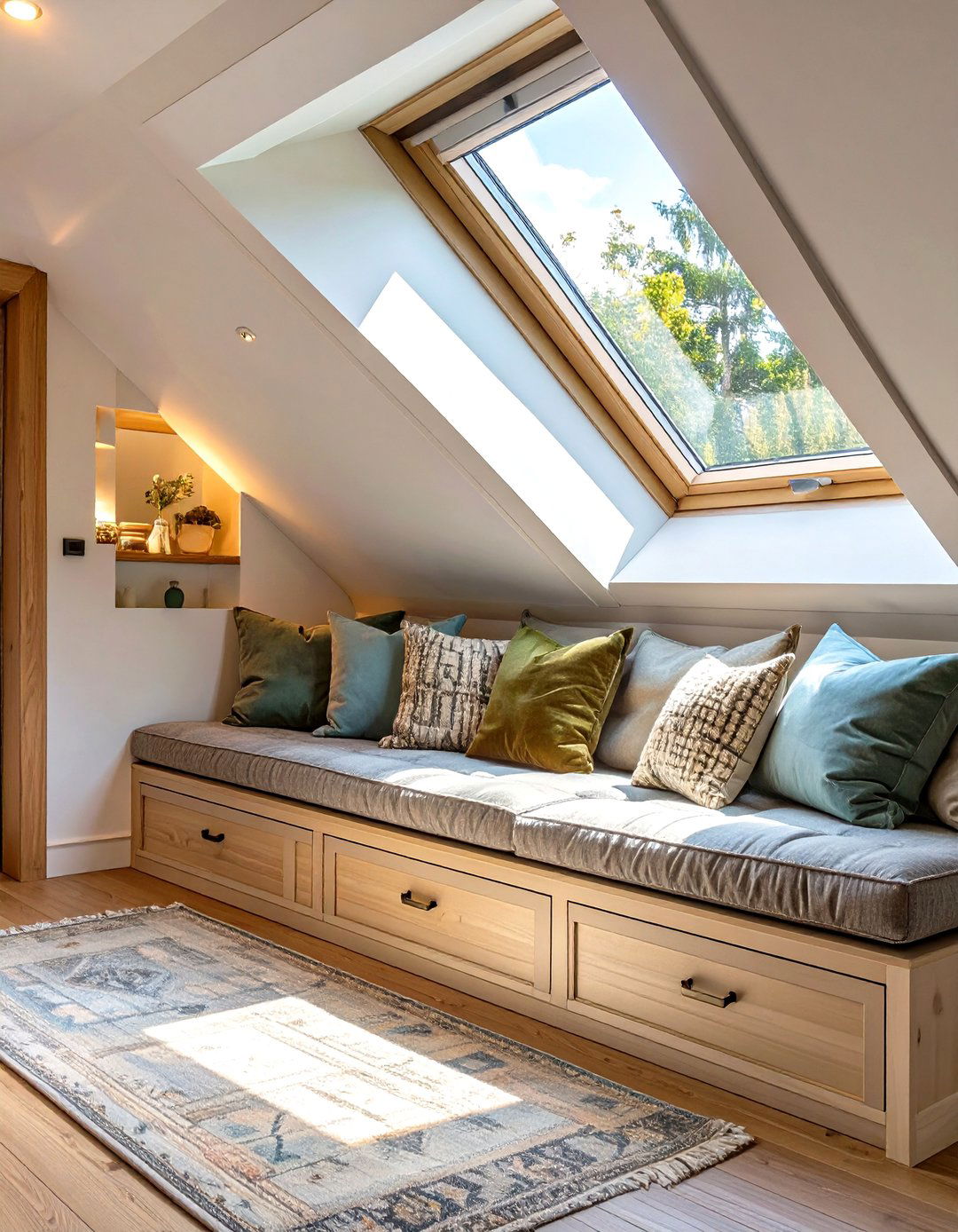 A Full Length Window Seat - 30 small attic bedroom low sloped ceiling bedroom ideas