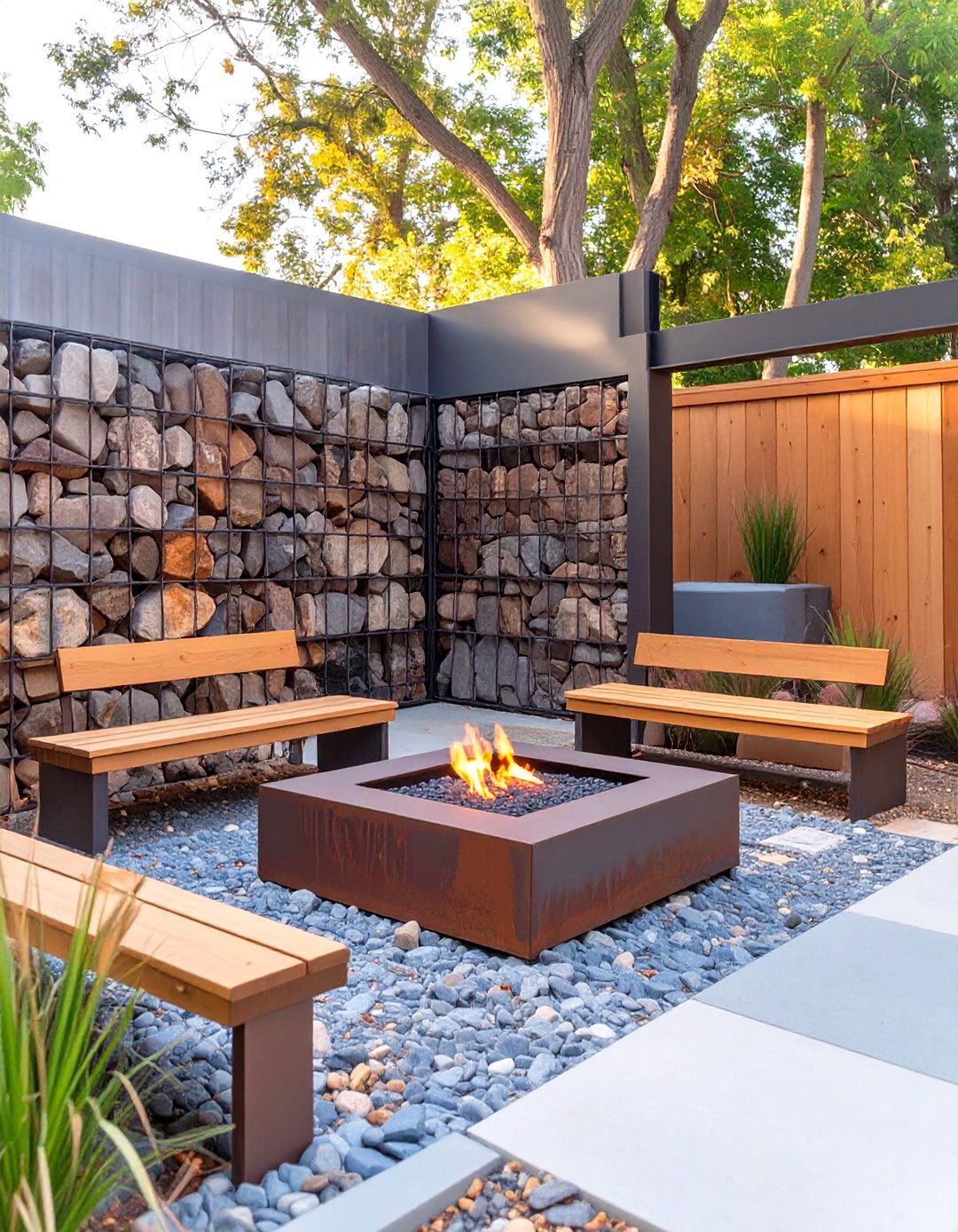 A Gabion Wall Fire Pit Area - 30 country backyard rustic fire pit ideas