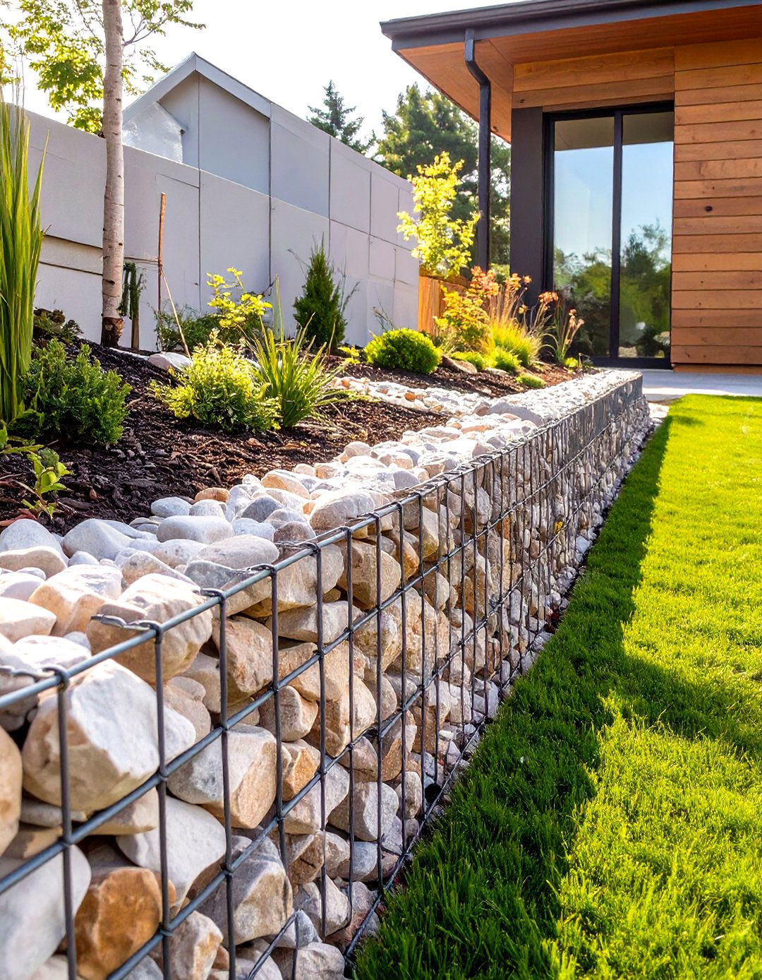 A Gabion Wall System - 30 sloped backyard ideas