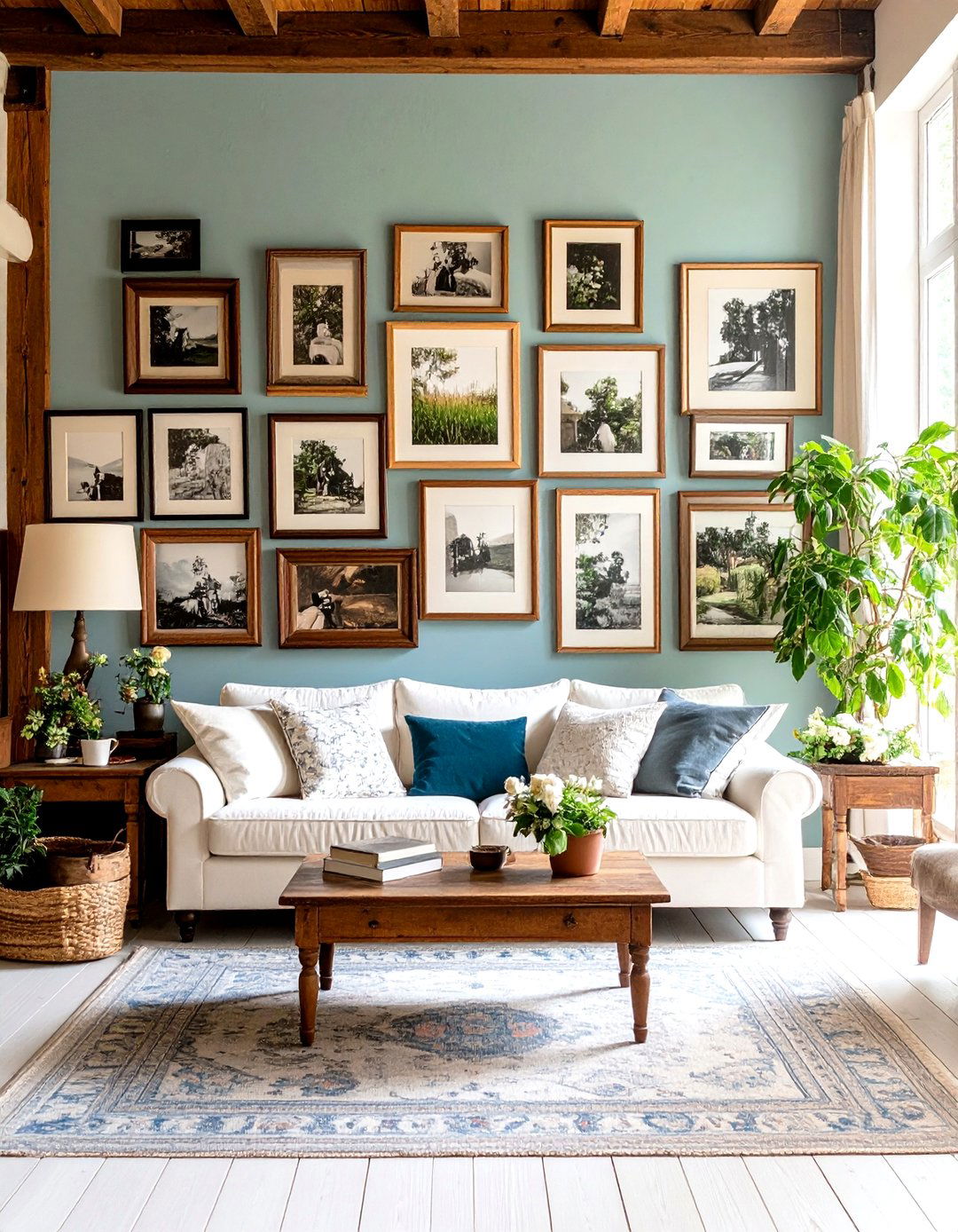 A Gallery Wall of Family Photos in Mismatched Frames - 30 rustic living room ideas