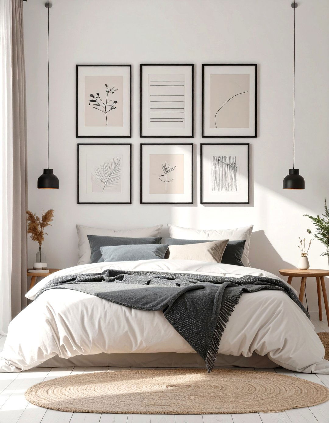 A Gallery Wall with Simple Frames - 30 scandinavian bedroom ideas