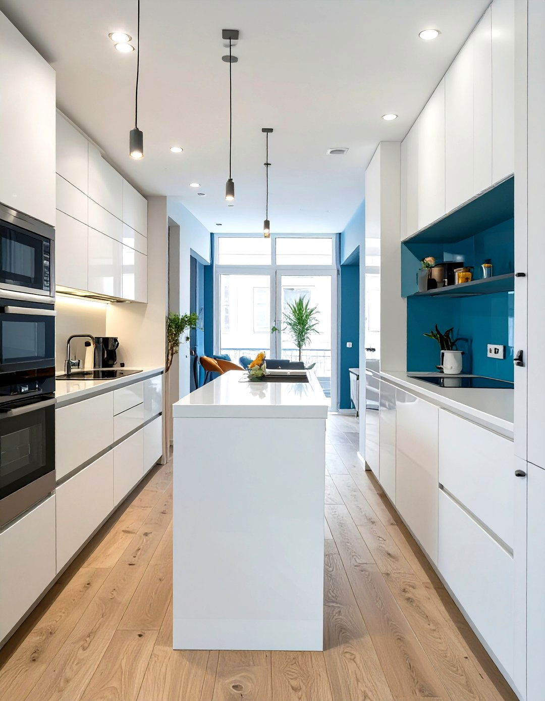 A Galley Kitchen with a Small Island - 30 very small open plan kitchen living room ideas