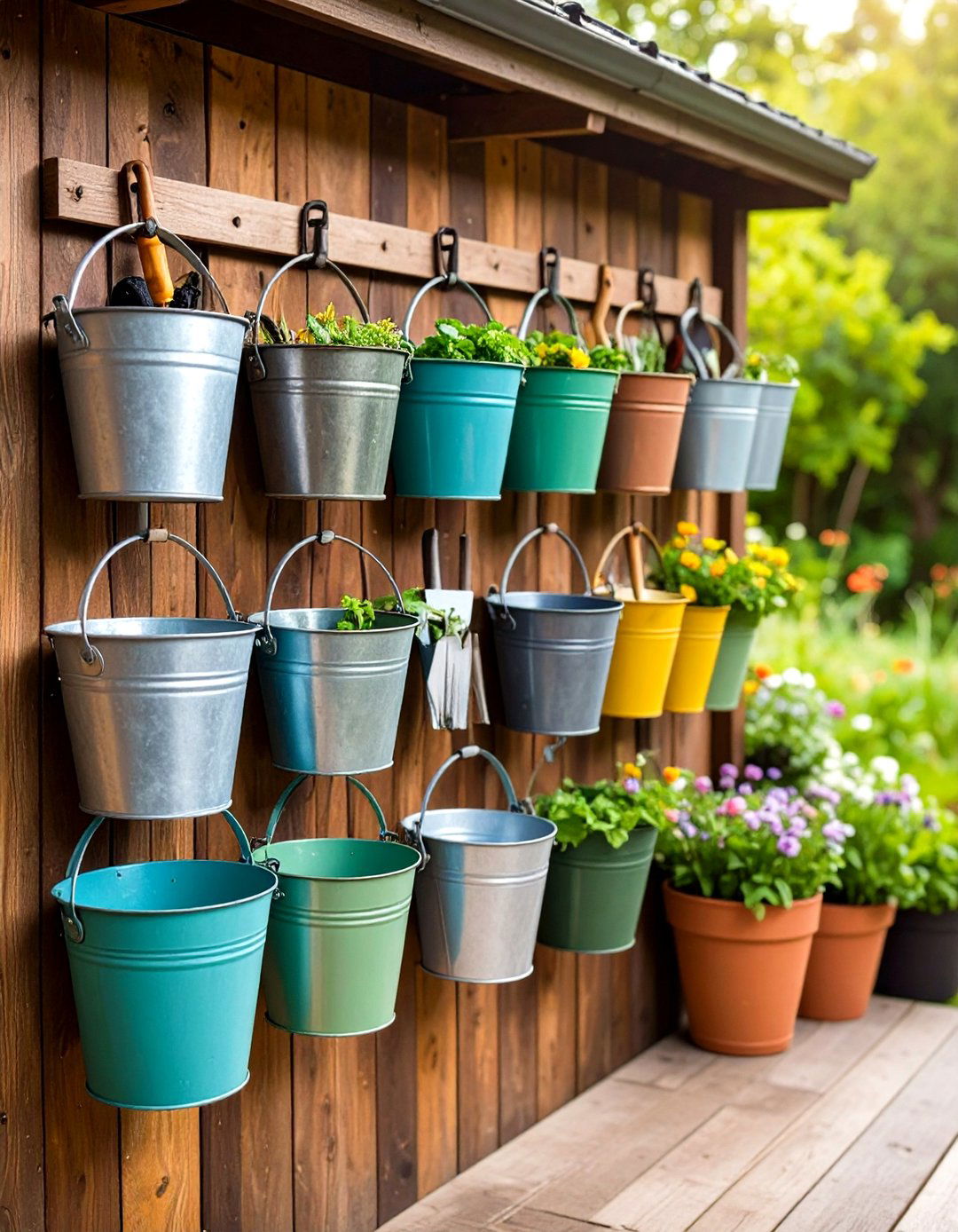 A Galvanized Metal Bucket Organization System - 30 garden tool storage ideas