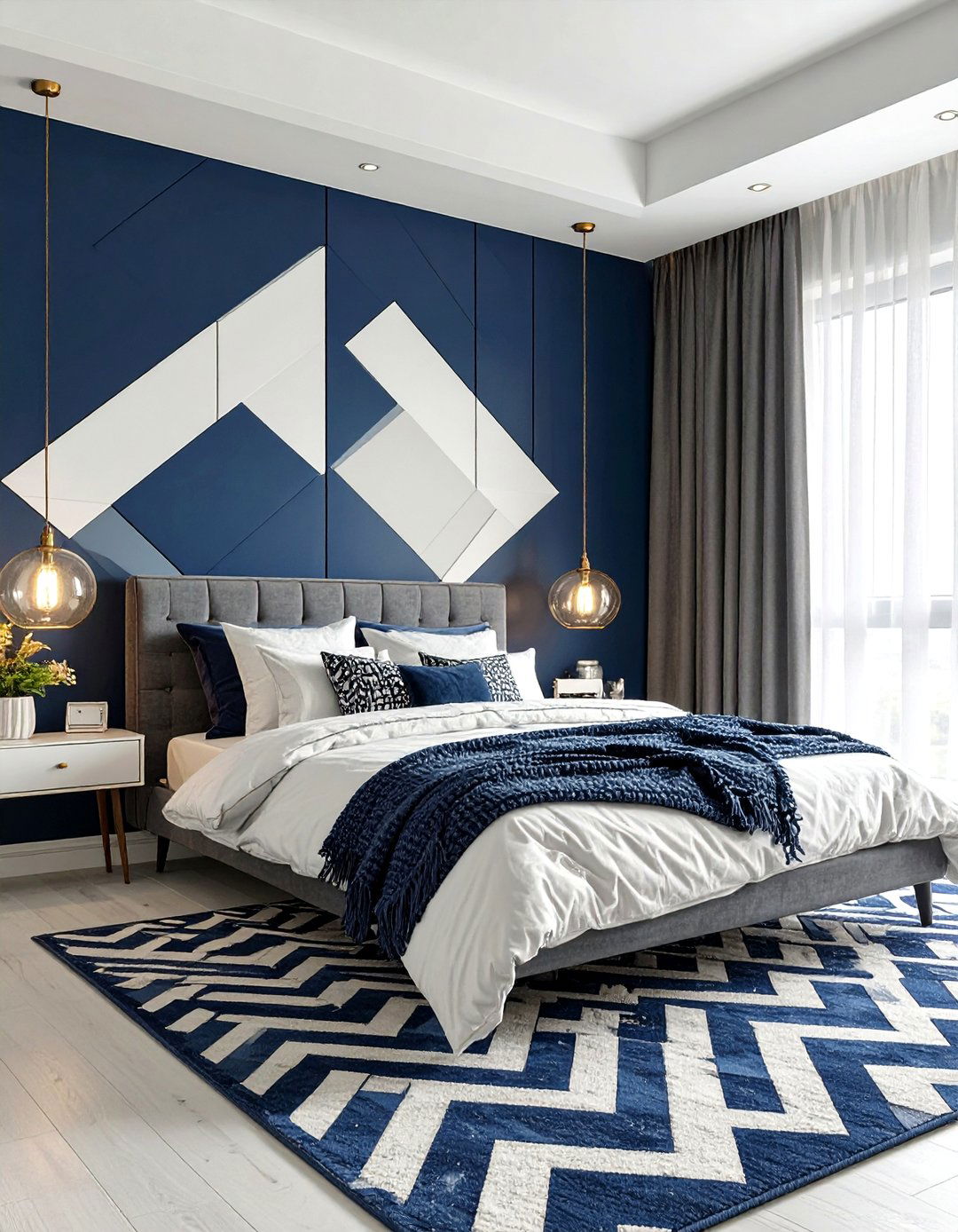 A Geometric Modern Bedroom - 30 blue and white bedroom ideas