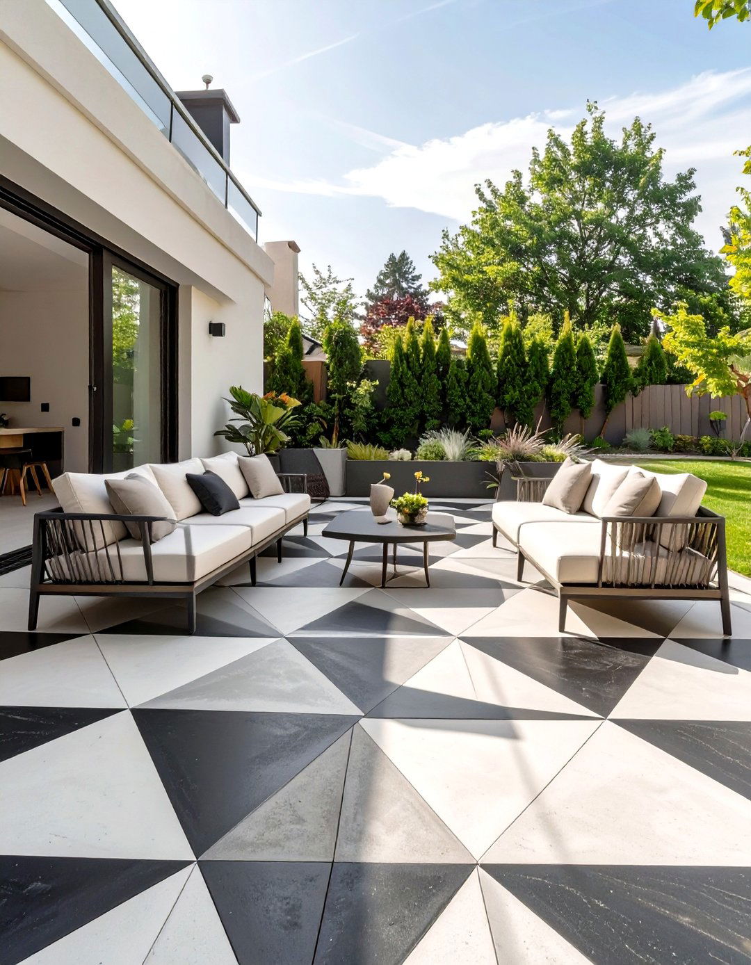 A Geometric Painted Patio Floor - 30 modern backyard ideas on a budget