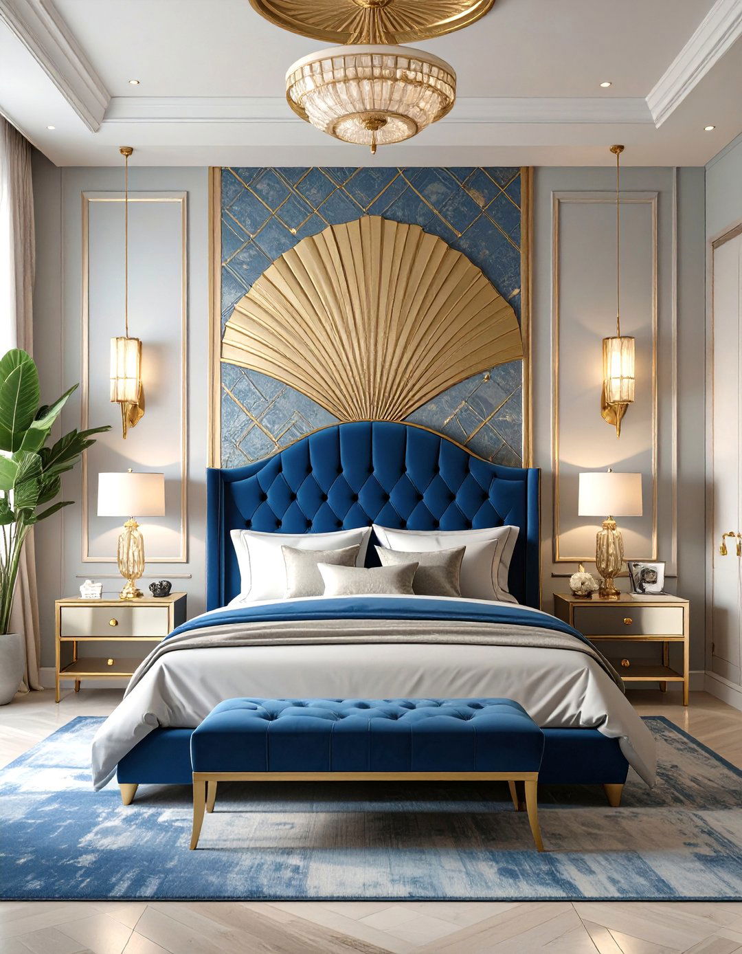 A Glamorous Art Deco Bedroom - 30 blue and white bedroom ideas