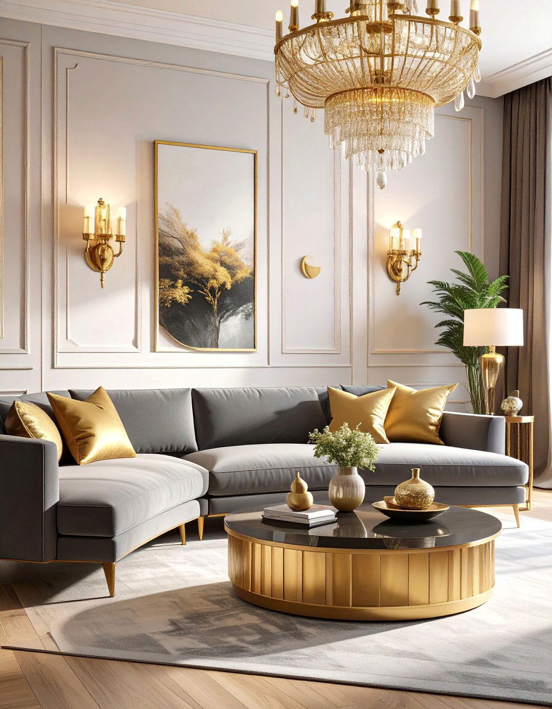 A Glamorous Gold Accented Living Room - 30 dark grey couch living room ideas