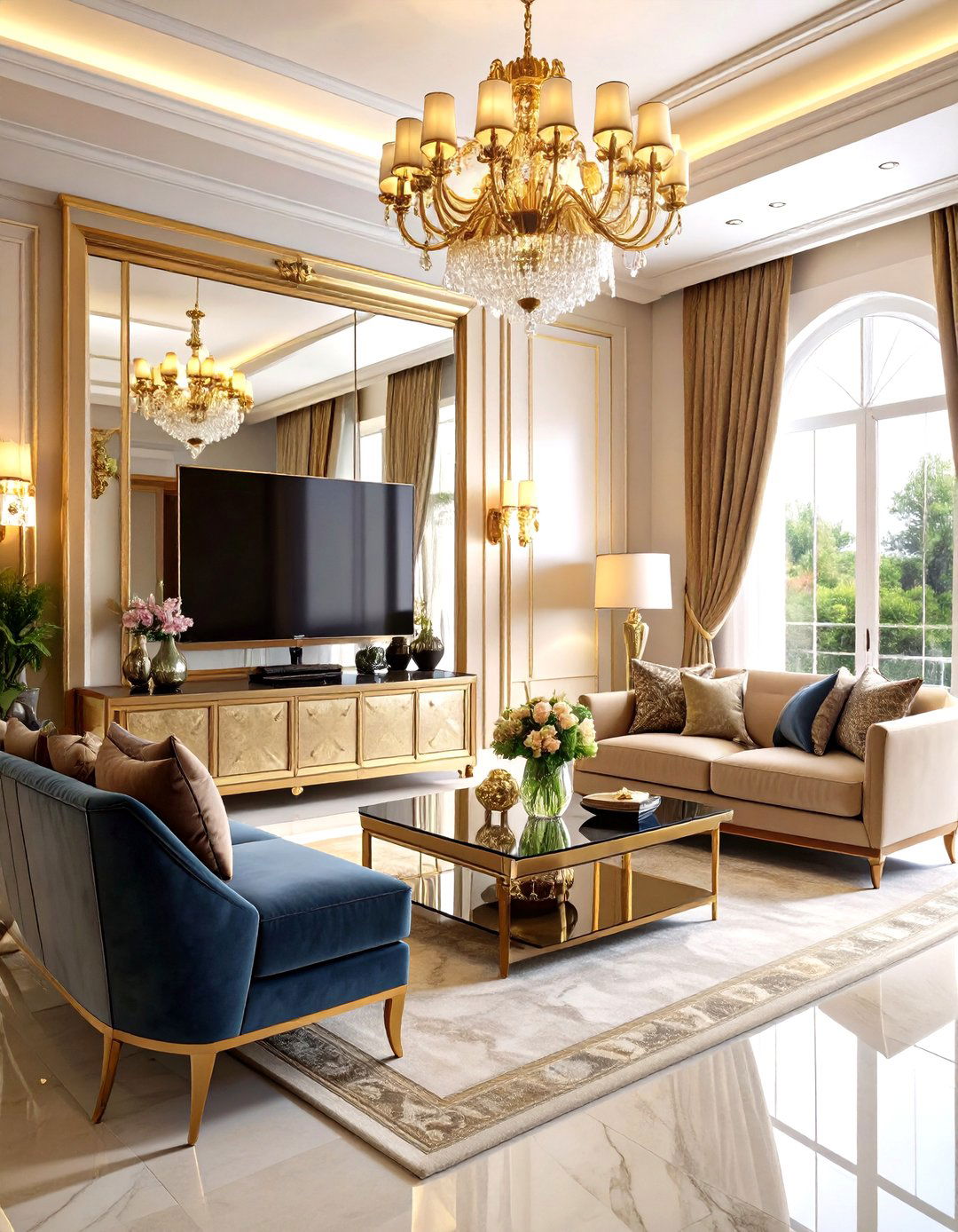 A Glamorous Living Room with a Mirrored TV Surround - 30 living room ideas with tv