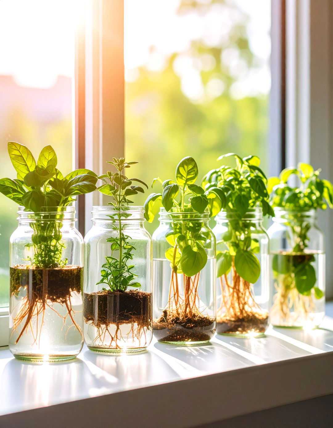 A Glass Jar Hydroponic Windowsill Garden - 30 indoor herb garden ideas