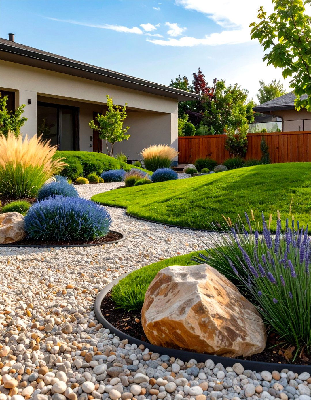 A Gravel Garden with Grassy Mounds - 30 low maintenance small rock garden ideas