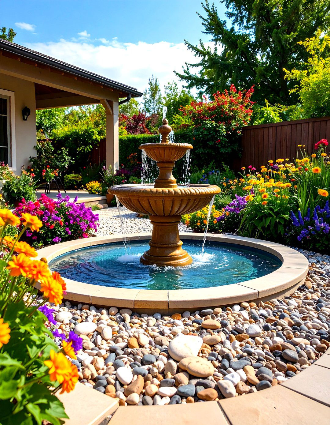 A Gravel Patio with Integrated Water Feature - 30 gravel patio ideas