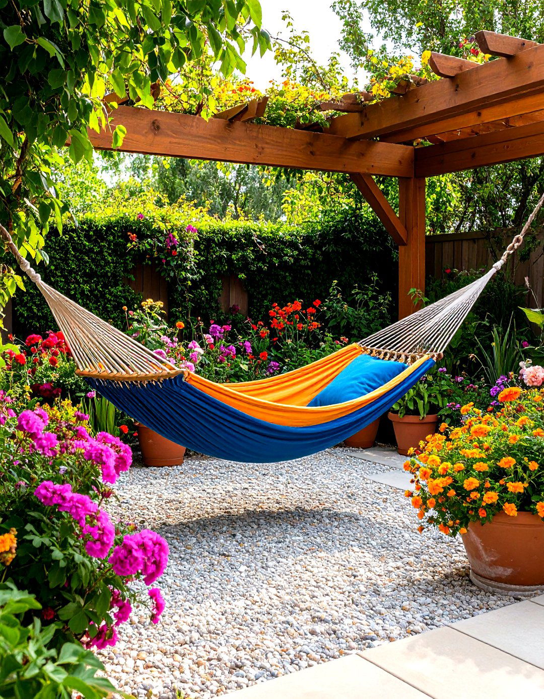 A Gravel Patio with a Hammock Stand - 30 gravel patio ideas