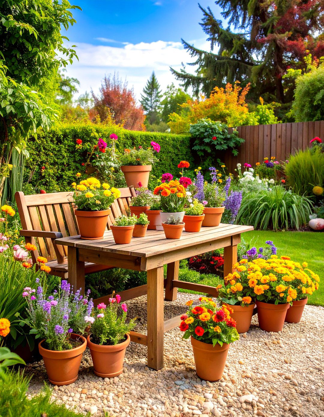A Gravel Patio with a Rustic Potting Bench - 30 gravel patio ideas