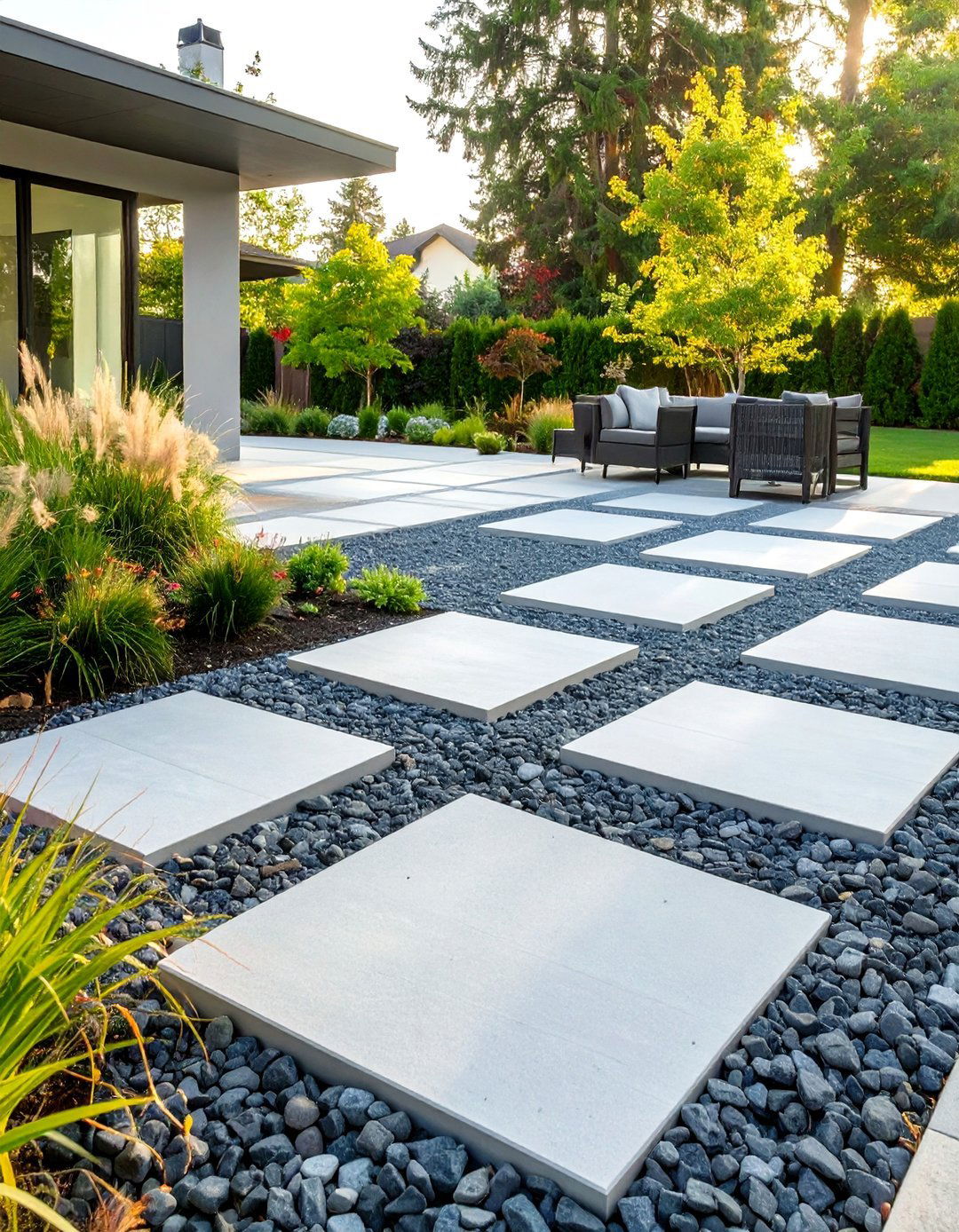 A Gravel and Paver Checkerboard Patio - 30 modern backyard ideas on a budget