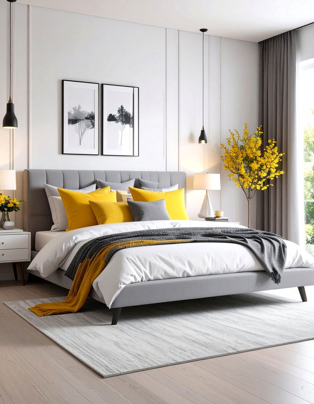 A Grey and White Bedroom with a Pop of Color - 30 grey and white bedroom ideas