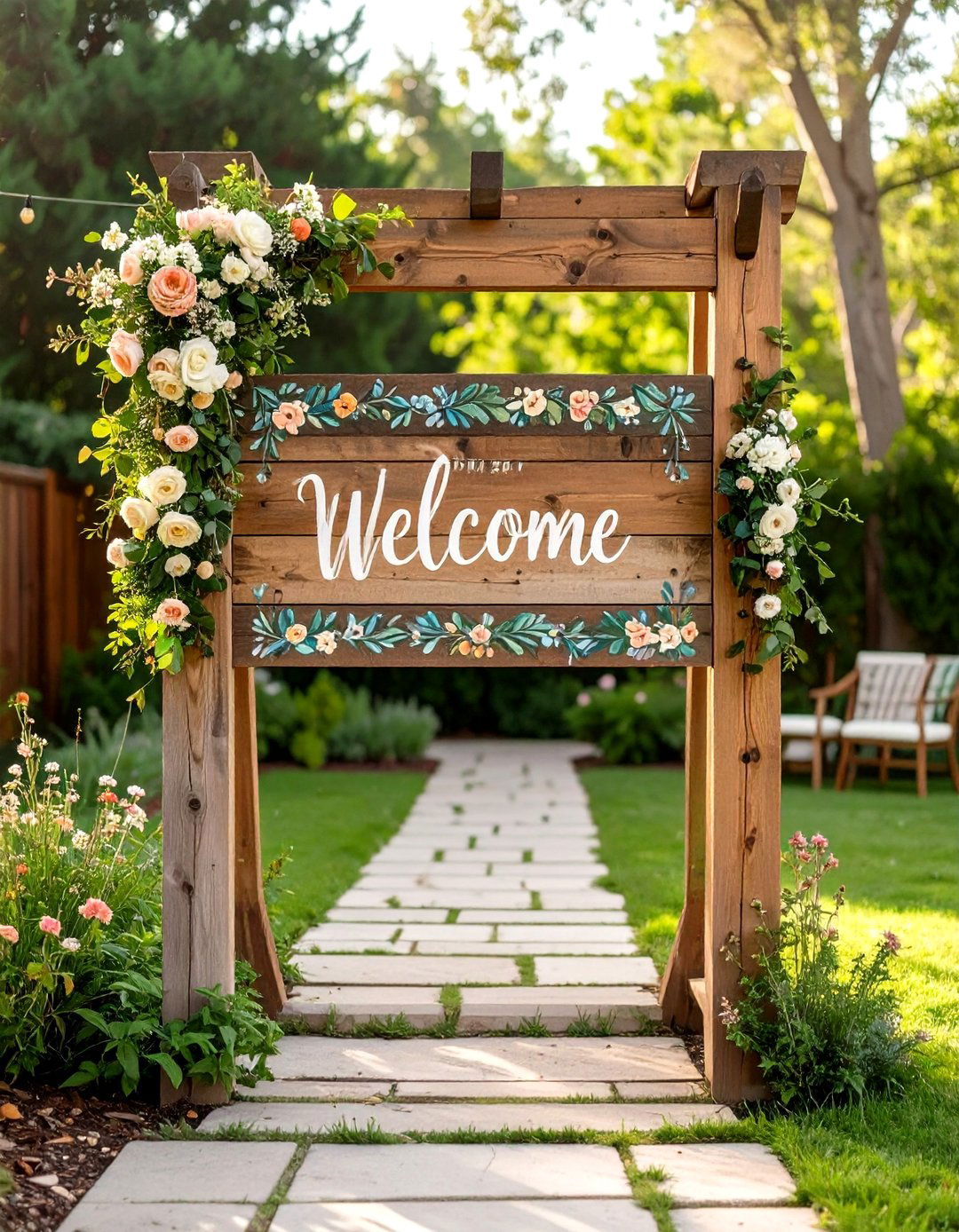 A Hand Painted Wedding Welcome Sign - 30 small backyard wedding ideas