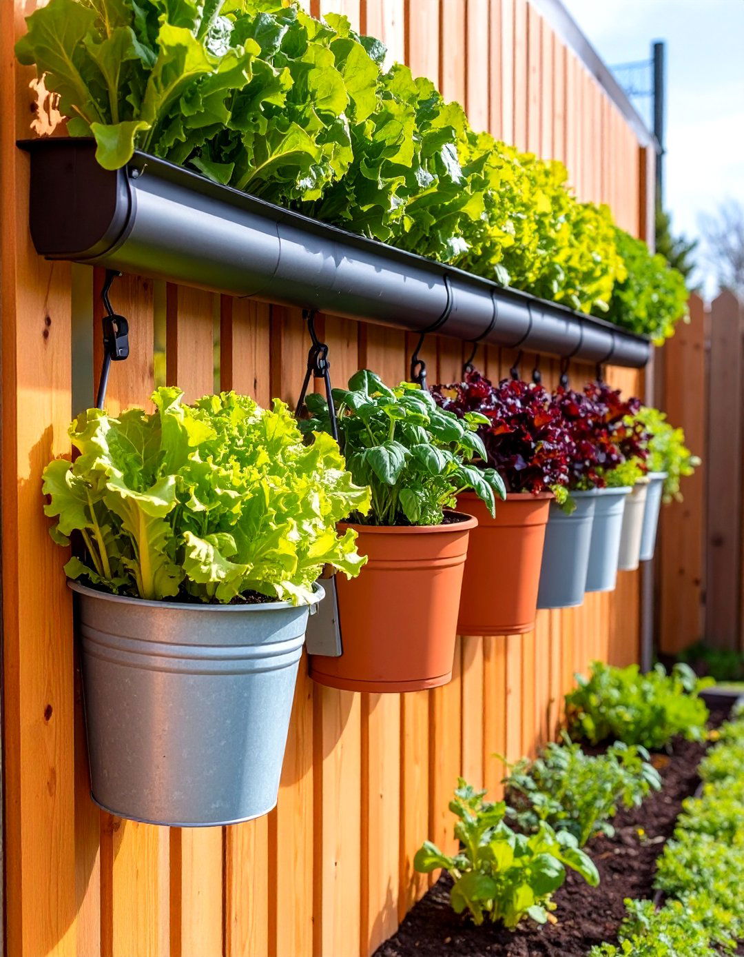A Hanging Gutter and Bucket Combination Garden - 30 bucket garden ideas