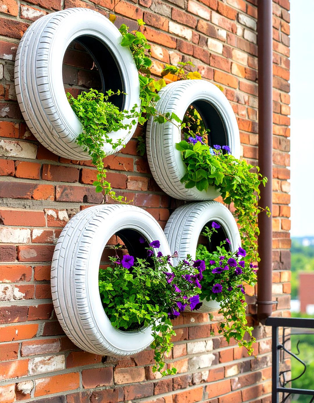 A Hanging Tyre Garden for Vertical Space - 30 creative landscape tyre garden designs