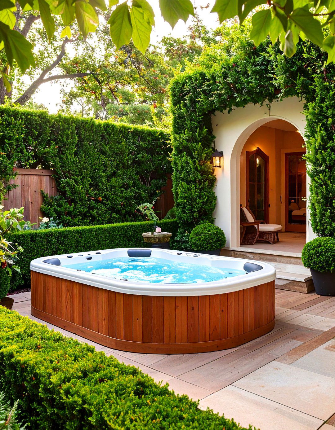 A Hedge Lined Hot Tub Room - 30 backyard hot tub privacy ideas