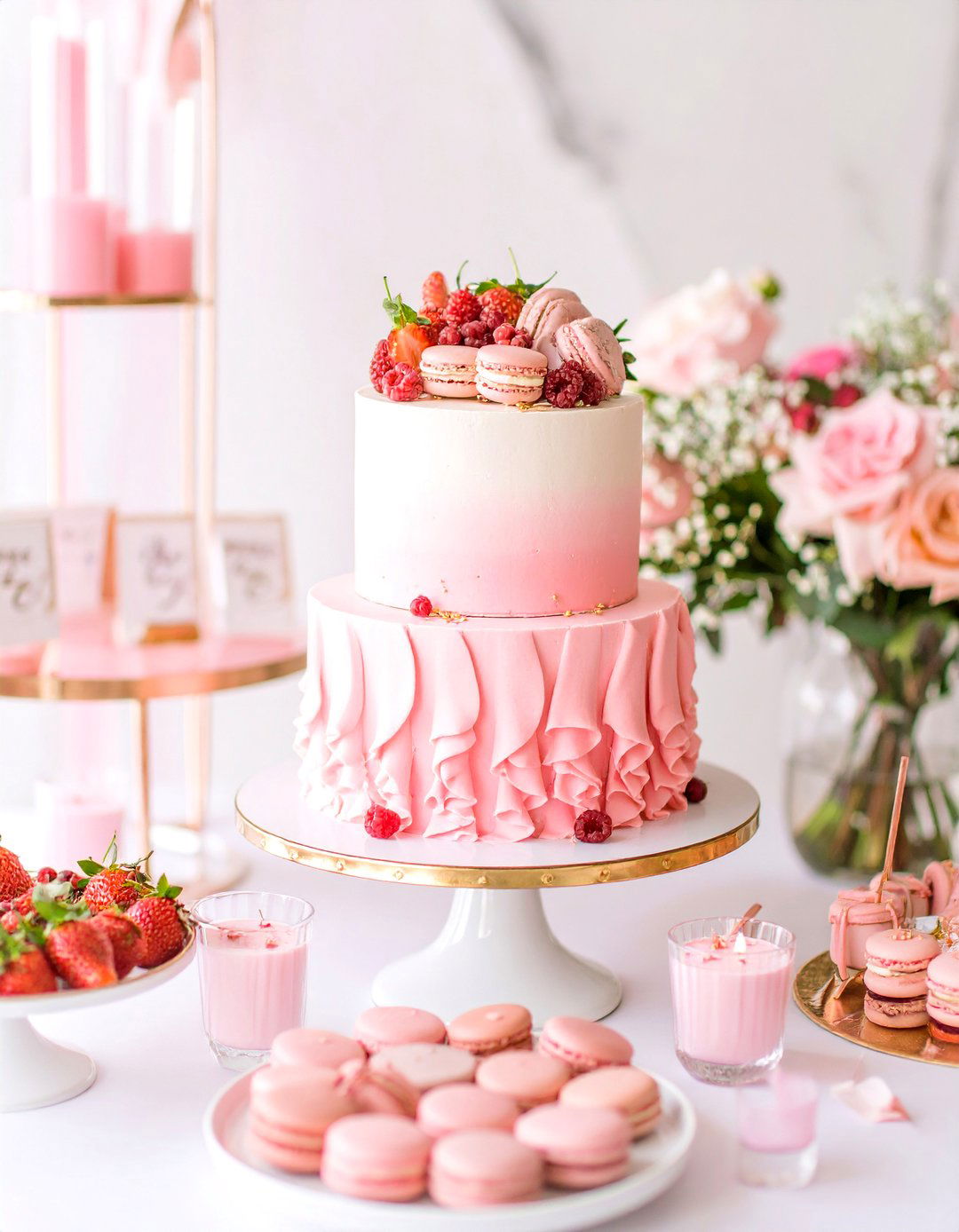 A Here She Comes Pink Ombre Dessert Table - 30 baby shower dessert ideas