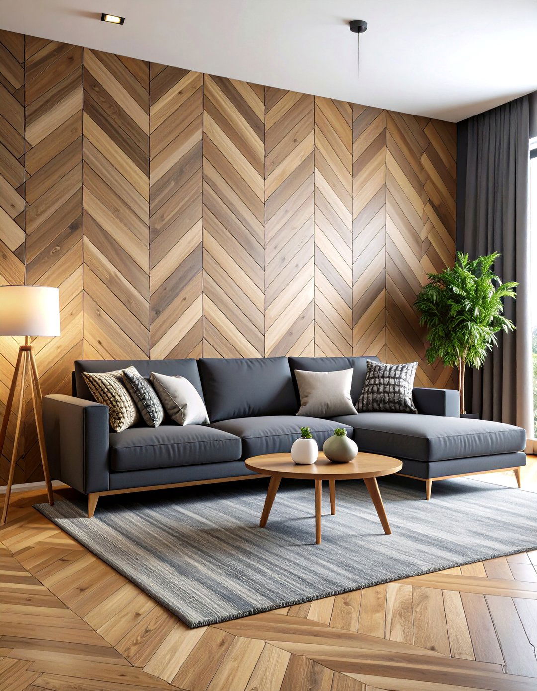 A Herringbone Wood Plank Wall - 30 accent wall ideas living room