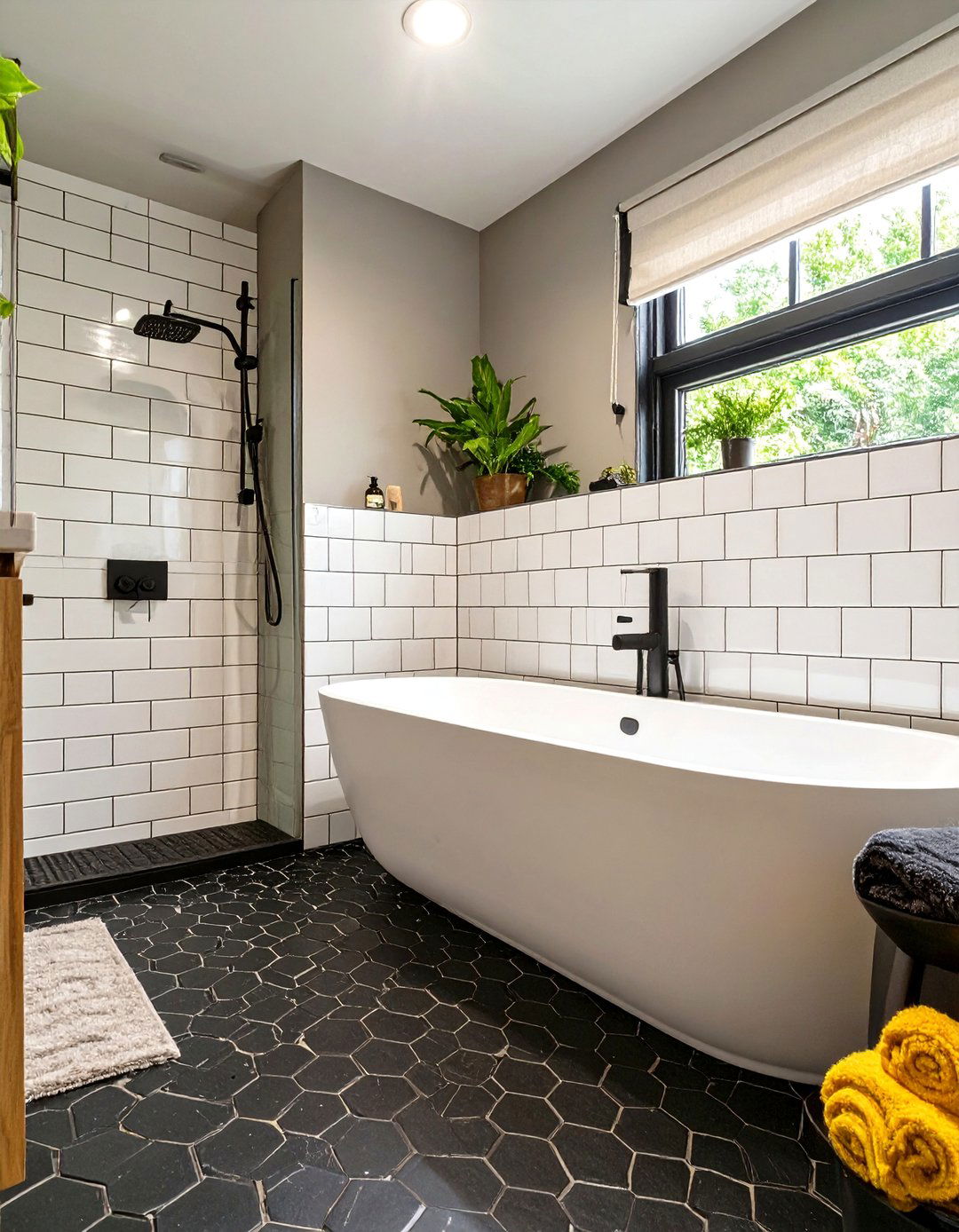 A High Contrast Black and White Theme - 30 bathtub shower combo ideas for small bathrooms