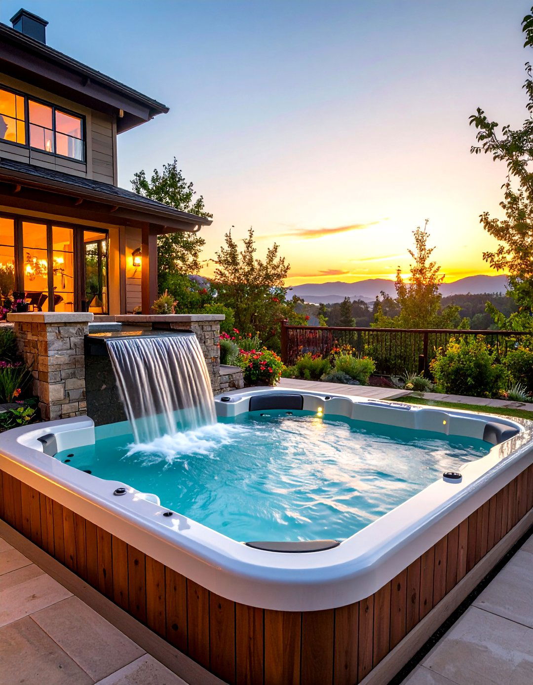 A Hot Tub Integrated with a Water Feature - 30 backyard hot tub ideas
