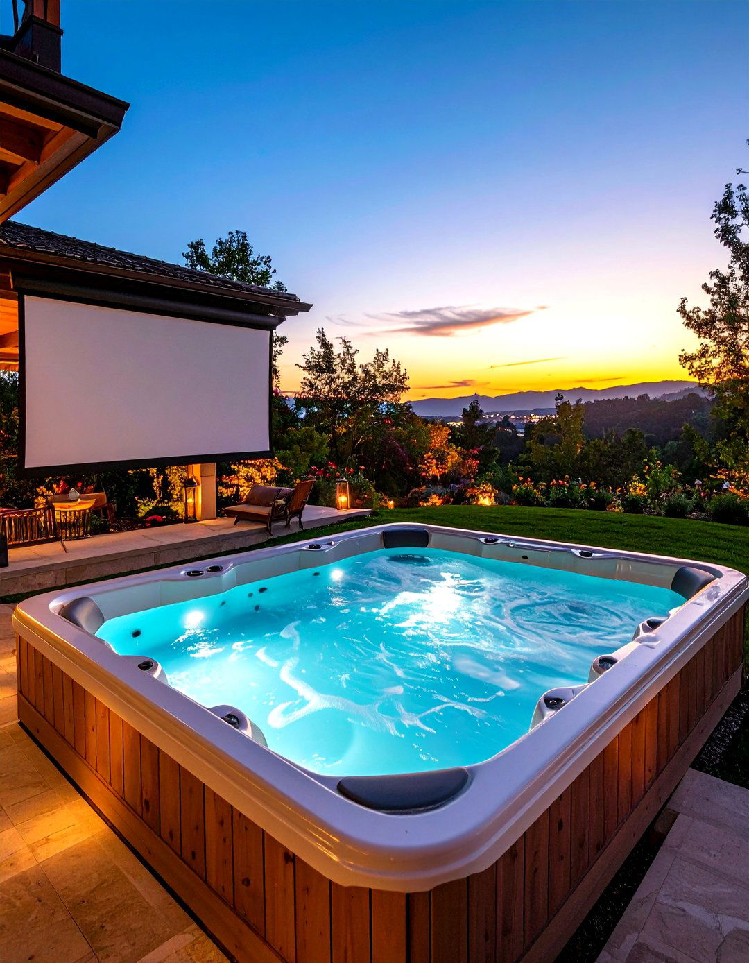 A Hot Tub with an Outdoor Movie Screen - 30 backyard hot tub ideas