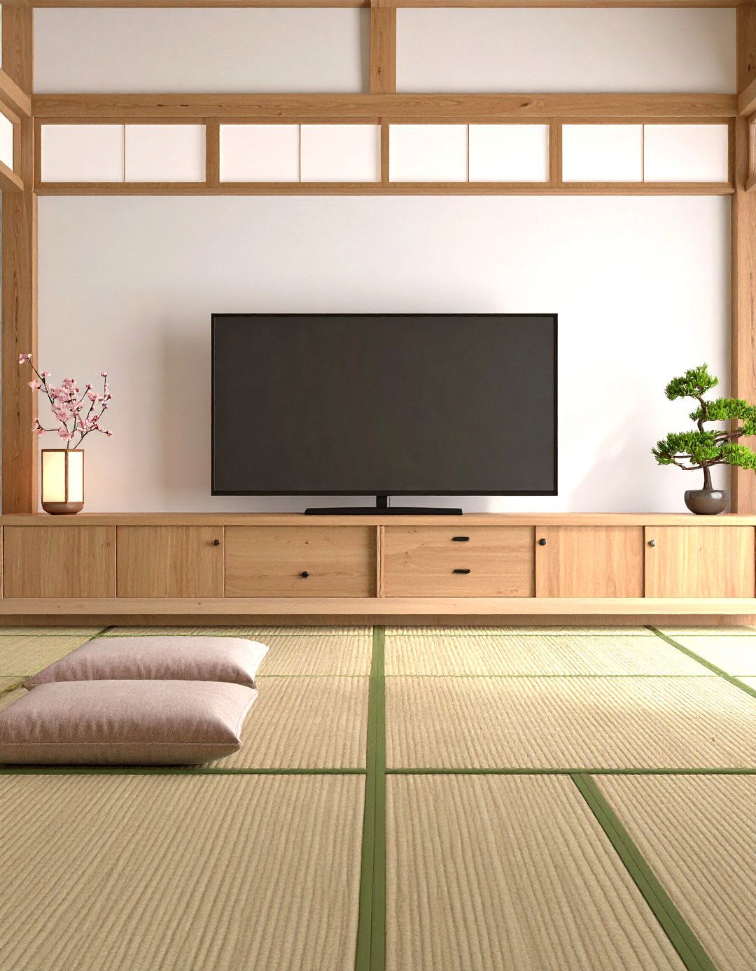 A Japanese Zen Living Room with a Low Set TV - 30 living room ideas with tv