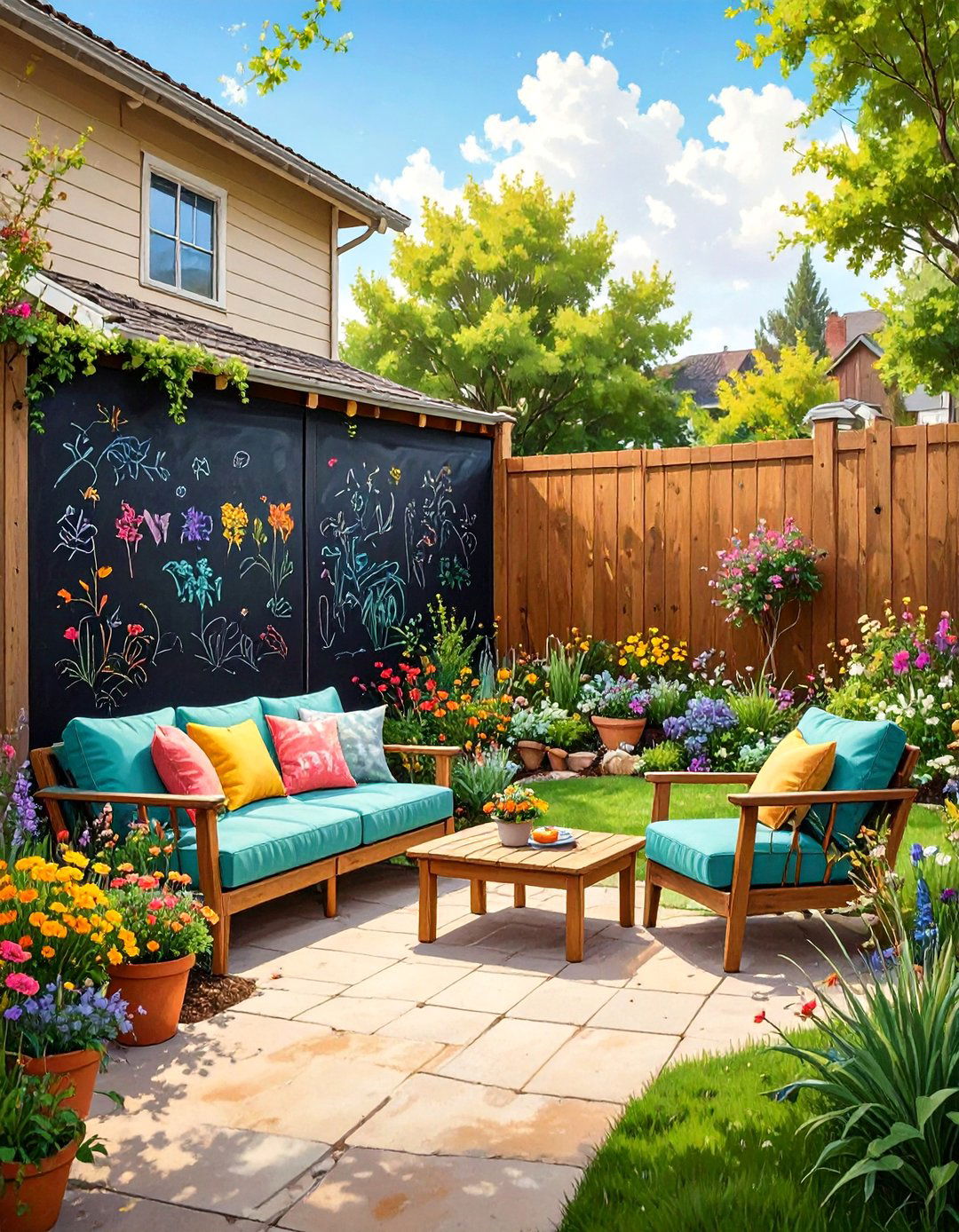 A Kid Friendly Chalkboard Wall Patio - 30 backyard patio ideas on a budget