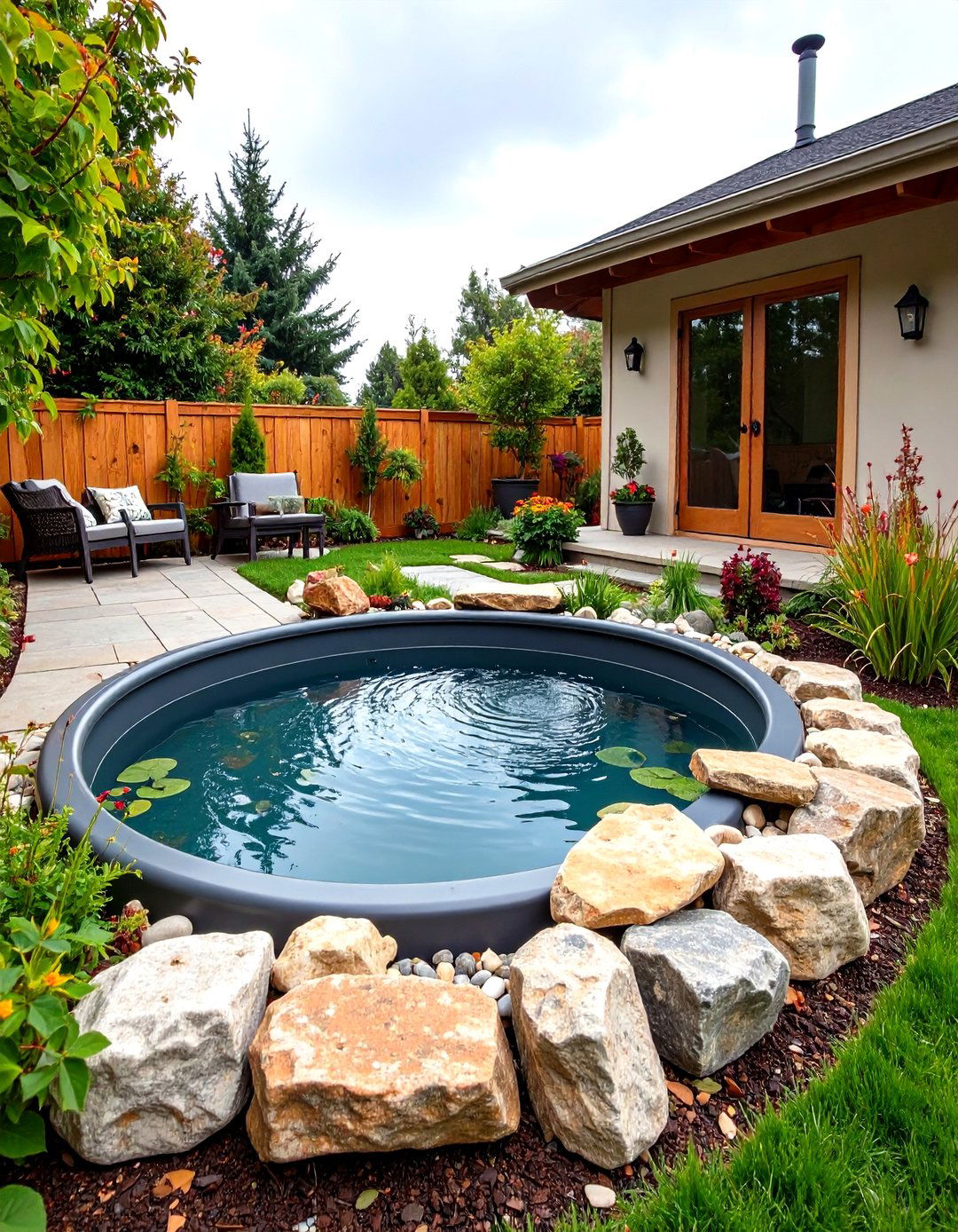 A Kiddie Pool as a Budget Patio Pond - 30 patio ideas on a budget