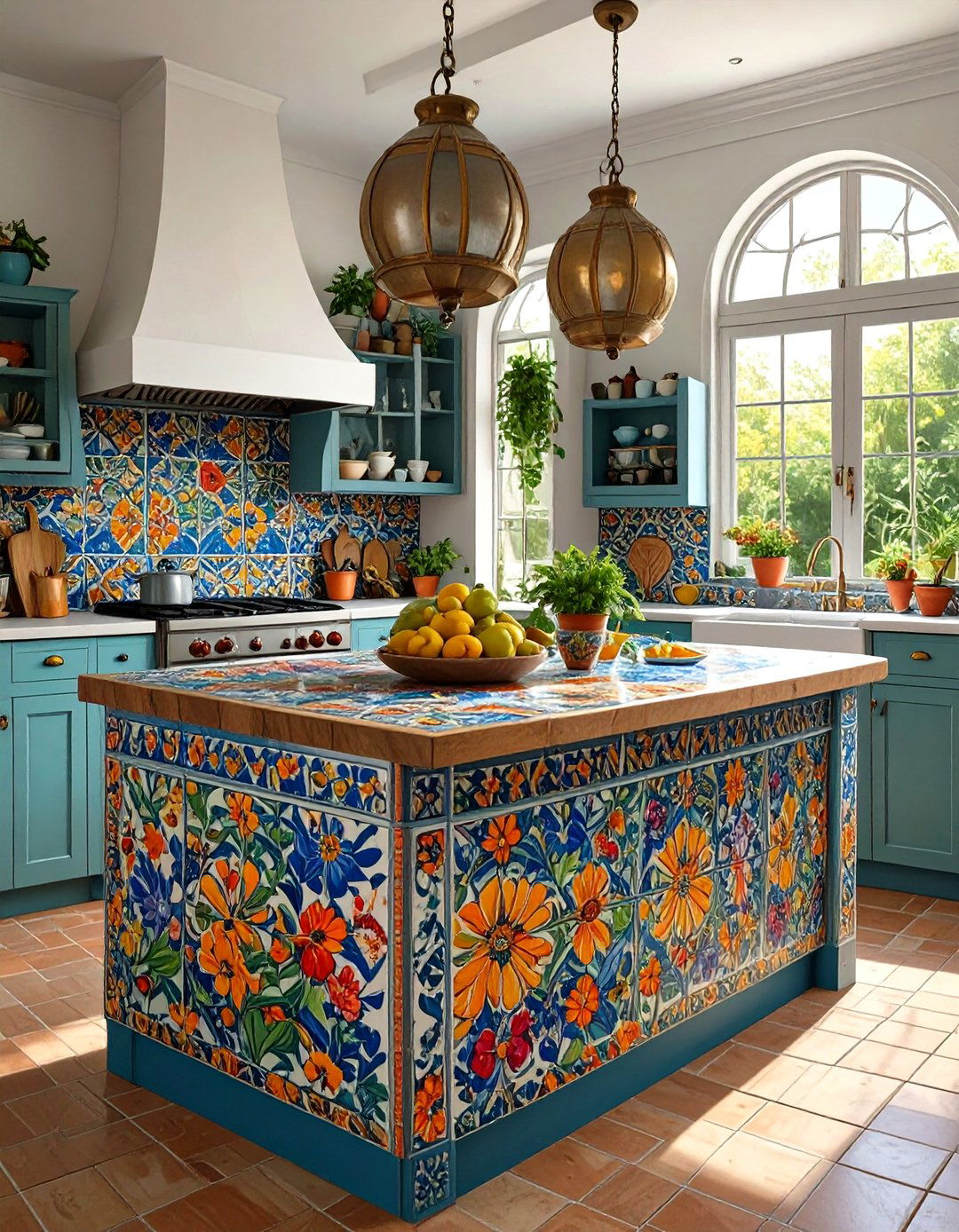 A Kitchen Island with Colorful Tilework - 30 mexican house design ideas