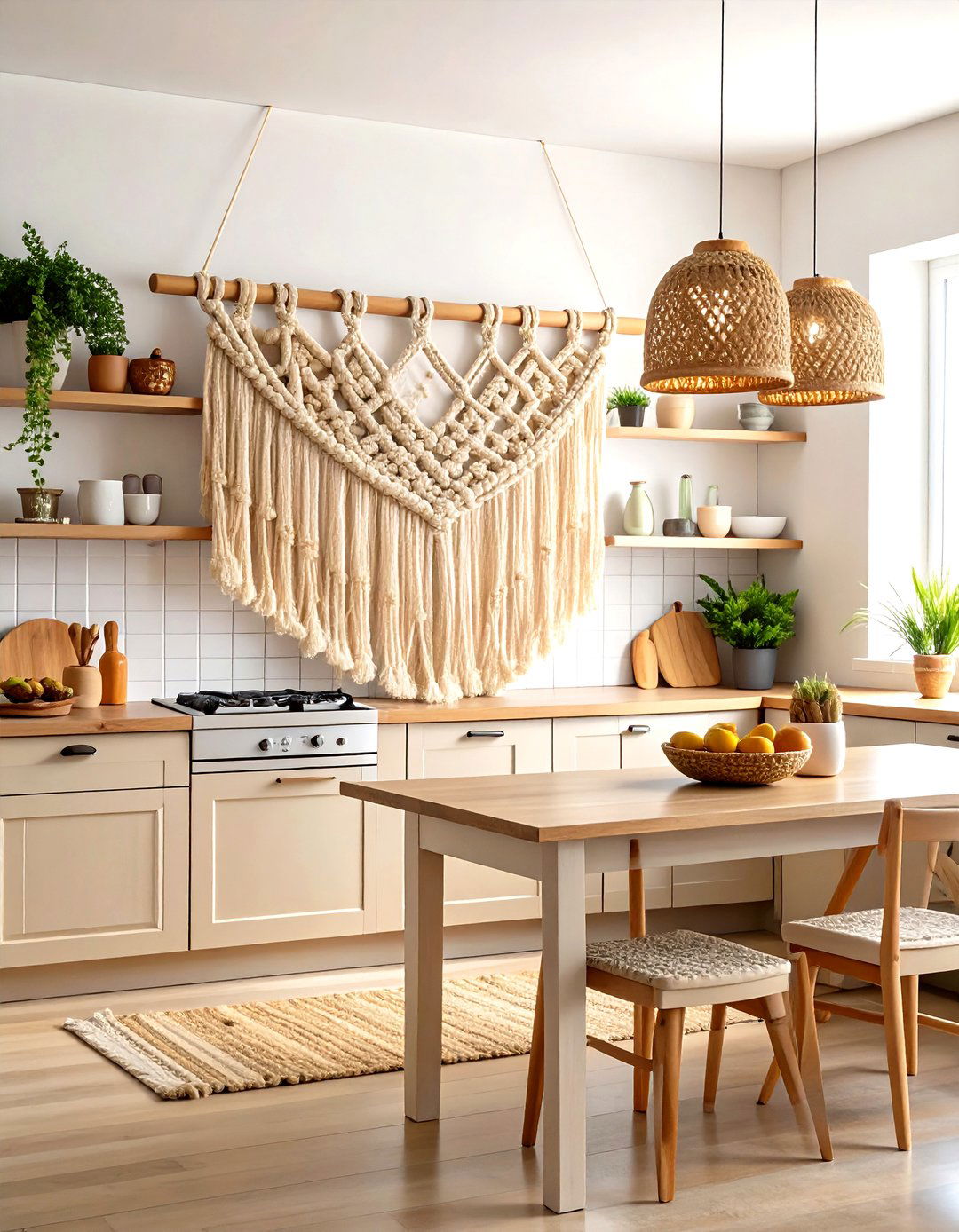 A Kitchen Wall With A Textile Hanging - 30 empty wall in kitchen ideas
