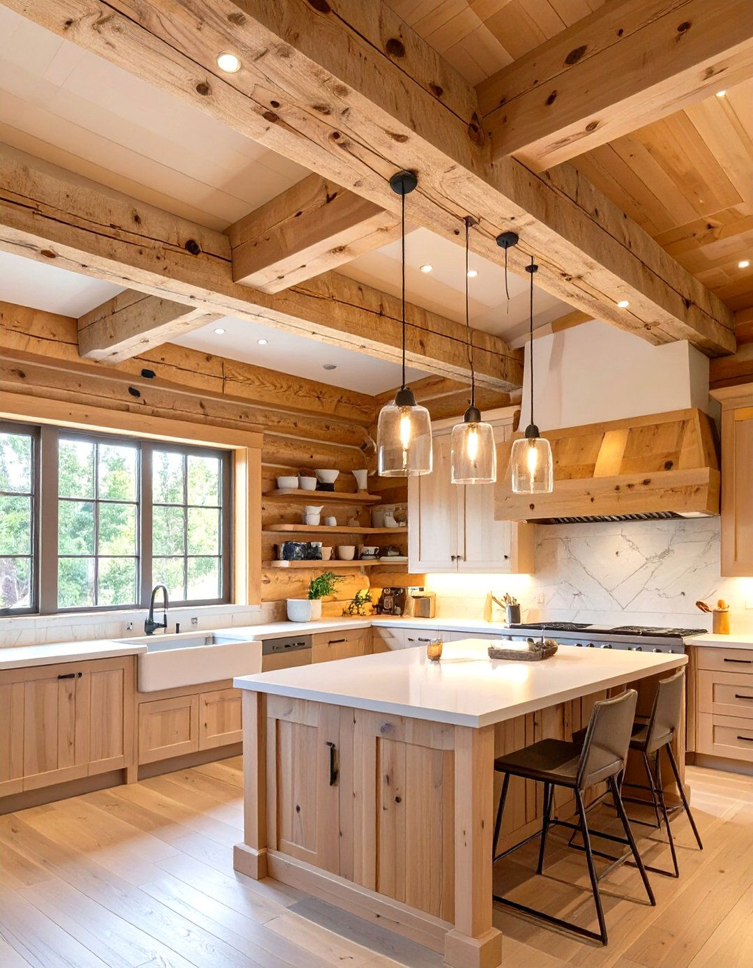 A Kitchen with Exposed Beams and Modern Fixtures - 30 modern log cabin kitchen ideas