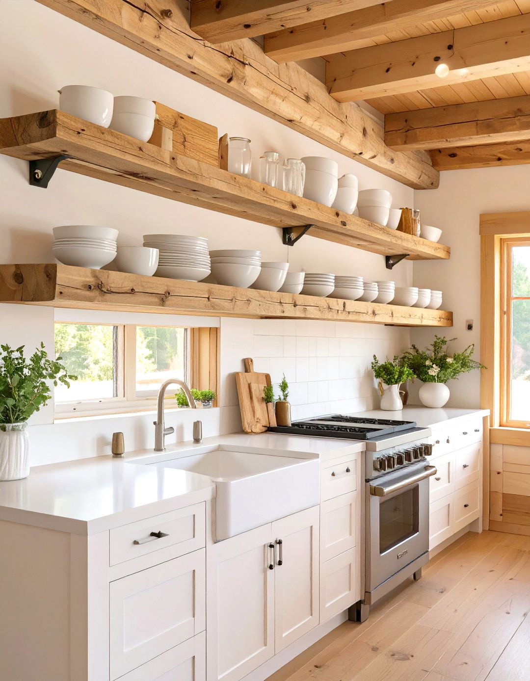 A Kitchen with Floating Shelves Instead of Upper Cabinets - 30 modern log cabin kitchen ideas