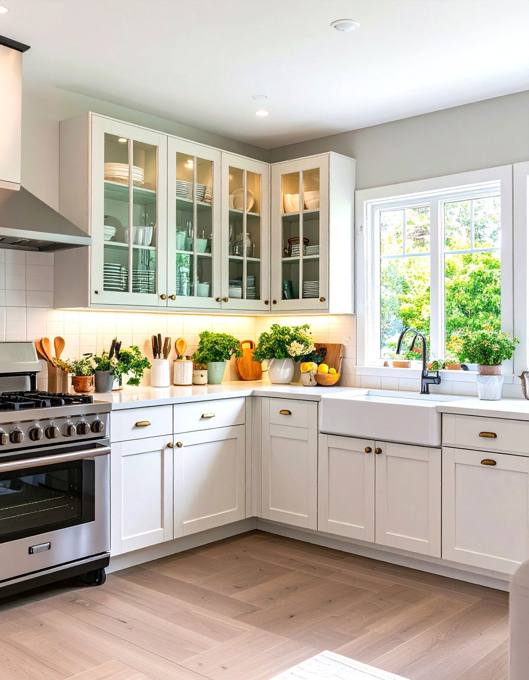 A Kitchen with Glass Front Cabinets - 30 limited space small l shaped kitchen design ideas