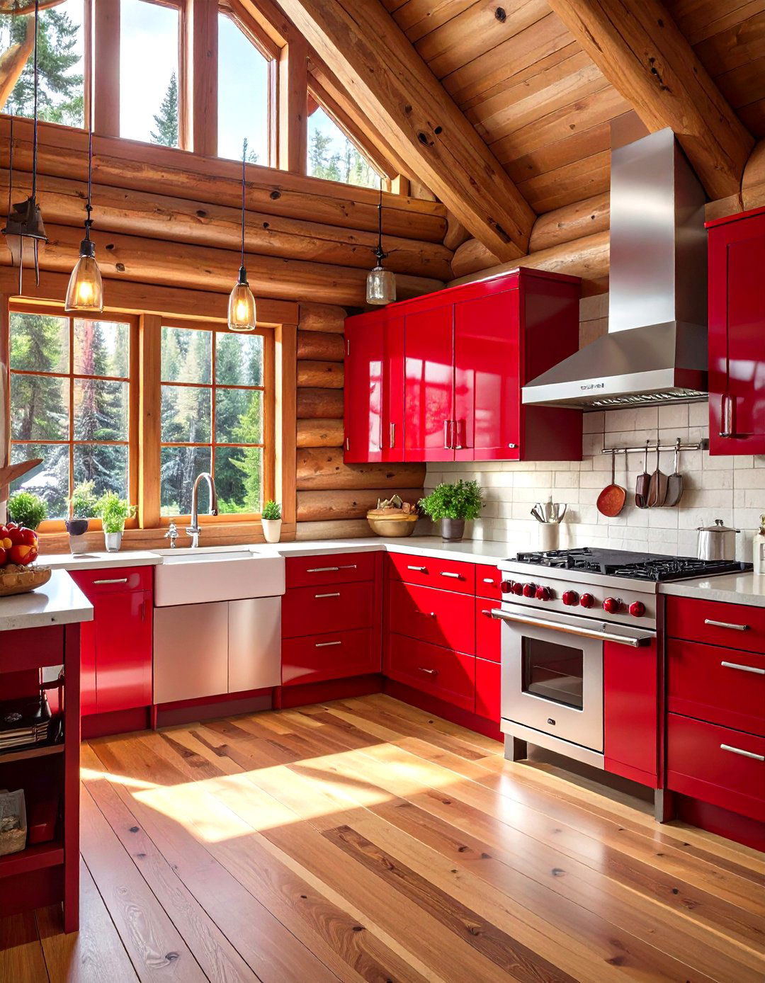 A Kitchen with High Gloss Lacquer Cabinets - 30 modern log cabin kitchen ideas