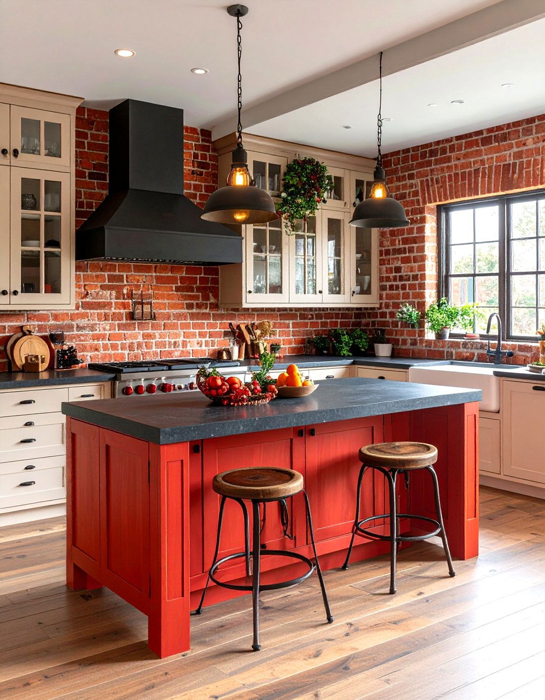 A Kitchen with a Brick Accent Wall - 30 farmhouse kitchen decor ideas