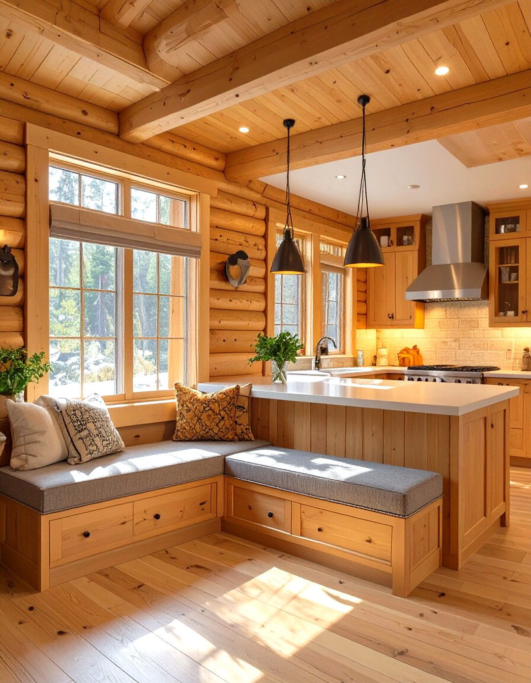 A Kitchen with a Built in Dining Nook - 30 modern log cabin kitchen ideas